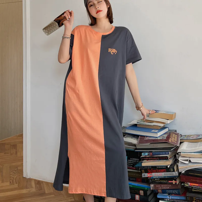 Korean Lato Moda Elegancka Casual Home Osobowość Duży Rozmiar Blokowanie kolorów Over-the-kolana Drukuj 16F1145 210510