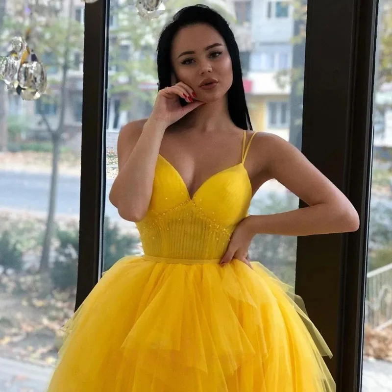short yellow prom dresses tulle lace dress yellow homecoming dress Our dresses are handmade Spaghetti Straps Short Yellow Prom