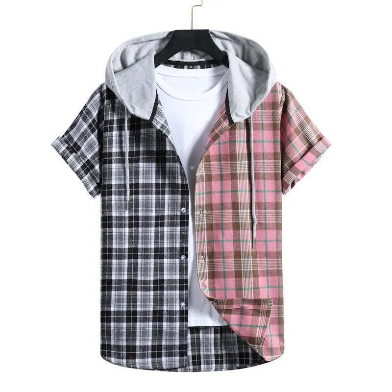 Male Streetwear Hooded Short Sleeve Shirts Men 2021 Summer Causal High Quality Plaid Coat Hip Hop Checkered Camisas Tops Blouse Men's Casual