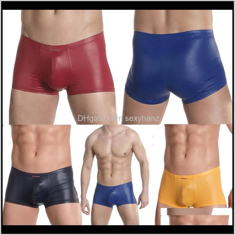 Underbyxor boxare män sexiga underkläder faux läder latex boxer shorts elastisk svart konvex påse sträckbara undershorts erotiska trosor fmgrf
