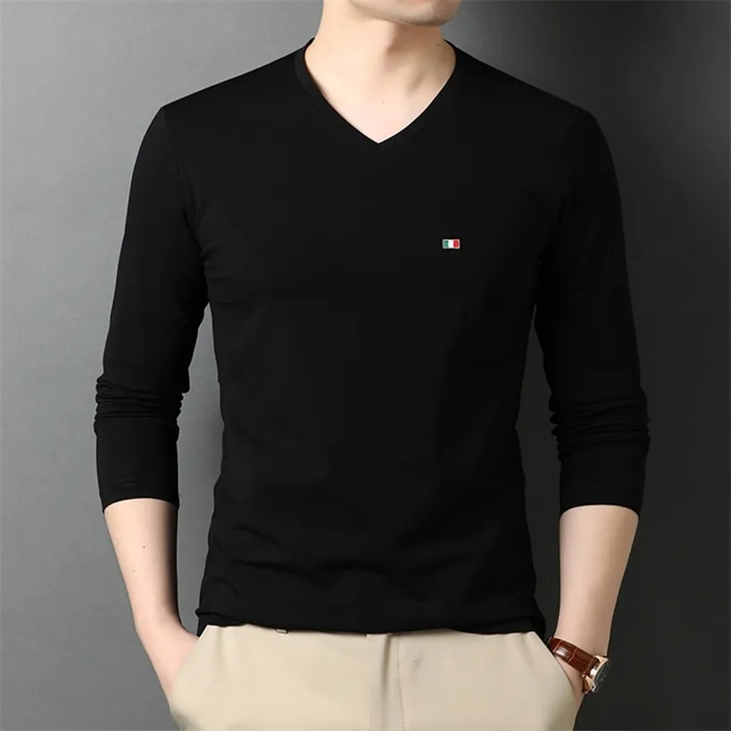Najwyższej jakości Moda Marka Zwykły 95% Bawełna 5% Spandex V Neck Długi Rękaw T Shirt Men Black Casual Odzież 220115