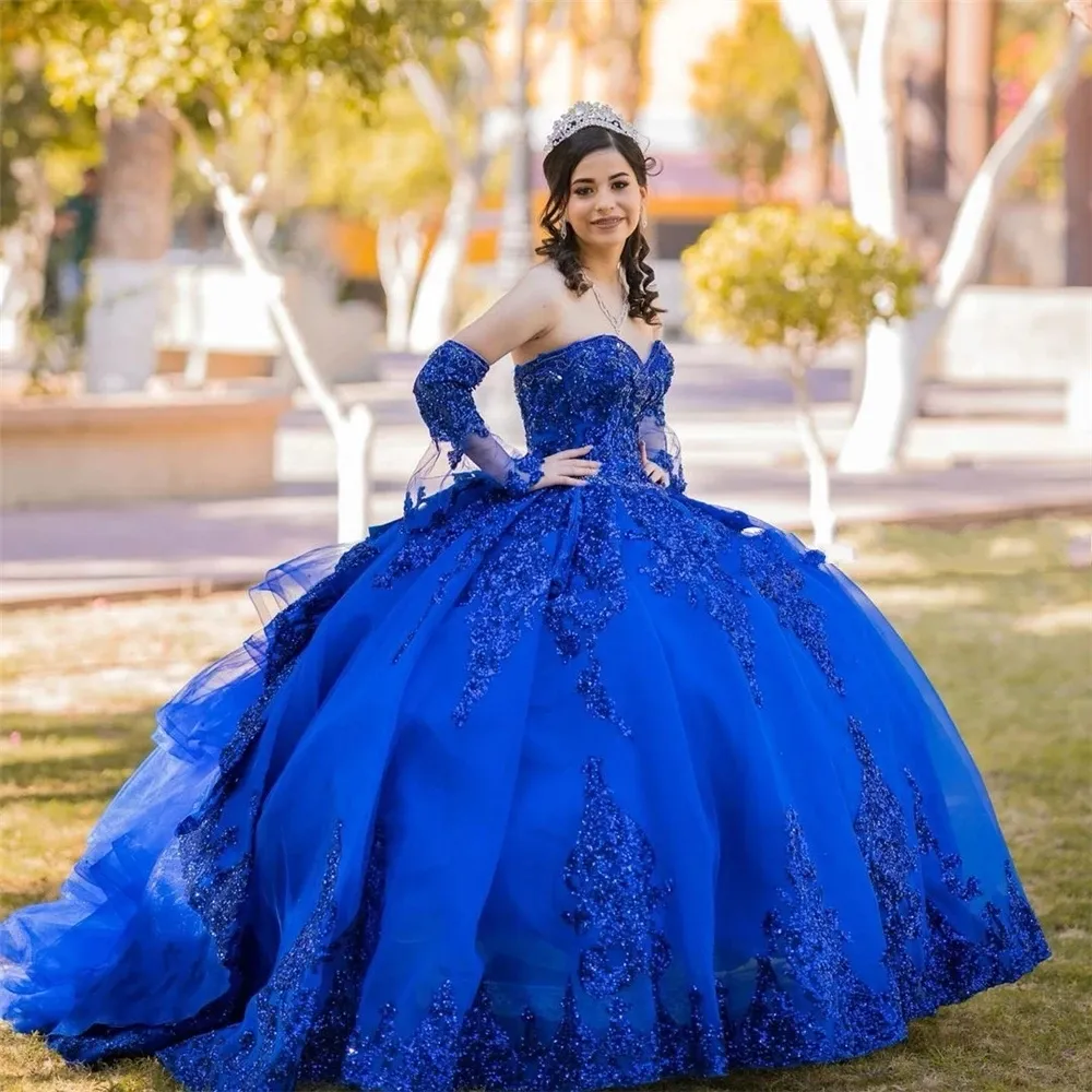 Sequins Royal Blue Sweet 16 Bollkakor Klänningar Appliques Beaded Off Shoulder Vestido de 15 Anos Quinceanera 2022