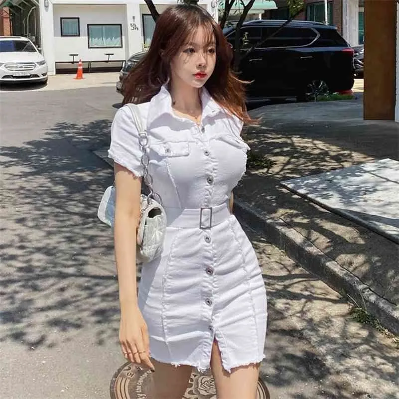 summer Korean temperament slim single-breasted waist belt hip dress denim Office Lady Knee-Length 210416
