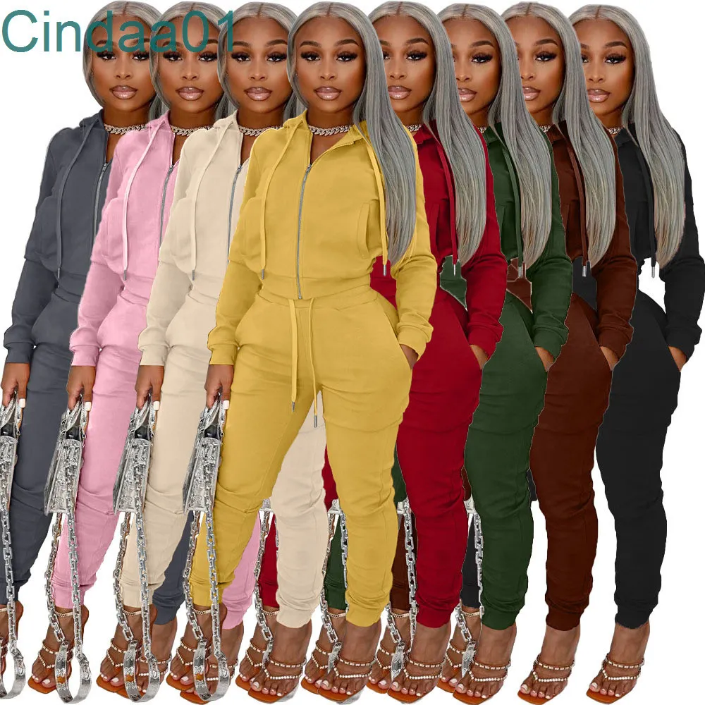 Femmes Tacksuits Deux Pièces Ensemble Designer Velours Tissu À Capuche Zipper Veste Pantalon Sweat Leggings Solide Couleur Loisirs Costume 8 Couleurs