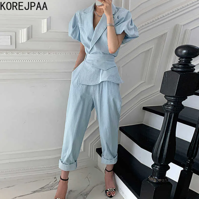 Korejpaa femmes combinaisons été coréen Chic dames français élégant rétro tempérament revers Wrap décontracté manches bouffantes pantalon 210526