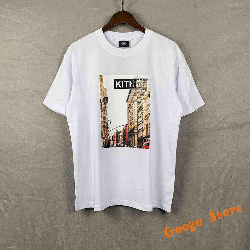 2022 İlkbahar Yaz Rahat Gevşek Khith Vintage T Gömlek New York Sokak Görünümü Baskı Kith Tee Siyah Beyaz Kayısı Kısa Kollu AA220308