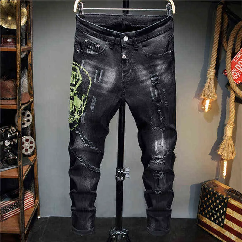 Mens Jeans Cut Up Denim Jeans Slim Fit Men's Jeans: Washed Black