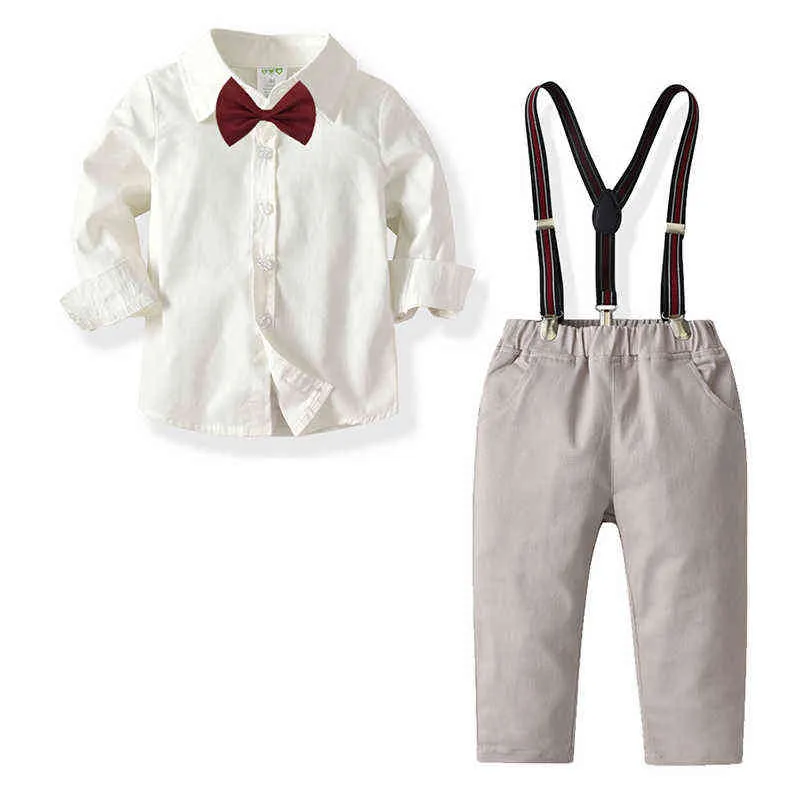Pojkar Formell kostym Kids Boys Gentleman Kläder Ställer Långärmad Bomullskjortor + Suspenders Trousers Casual Outfits G220310