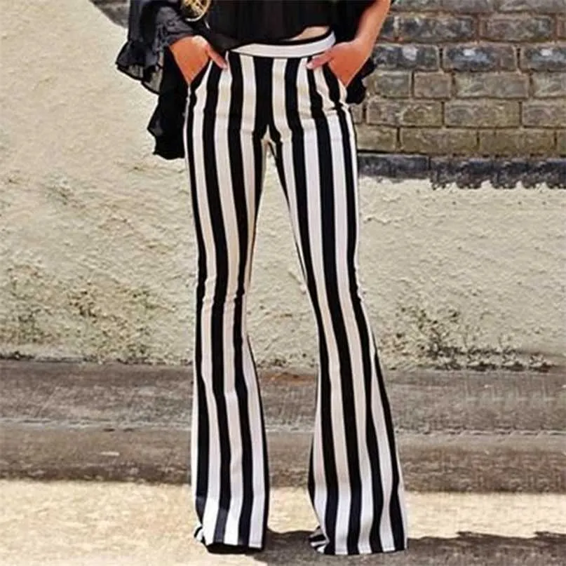 女性の緩いズボンのエレガントな黒い縦縞の高い腰ポケット広い脚のパンツベルボトムフレア211118