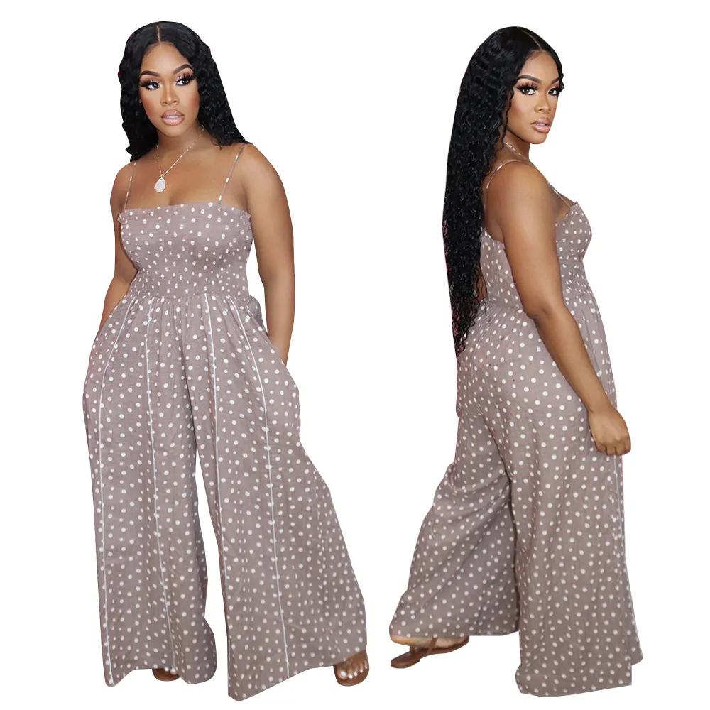 Women Summer Elegant Spaghetti Strap Sleeveless Polka Dot Print One-Piece Loose Wide Leg Pants Jumpsuits Romper