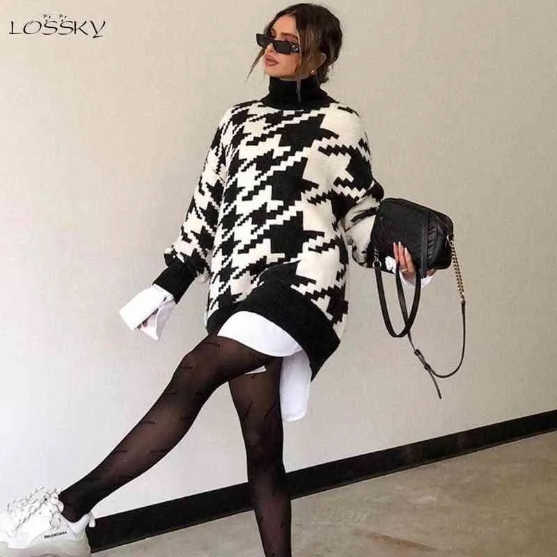 Fashion-Long Sweater Dress Autumn Winter Fashion Houndstooth Black Turtleneck Sleeve Knit Pullover Tops Clothes For Women Fall 220104