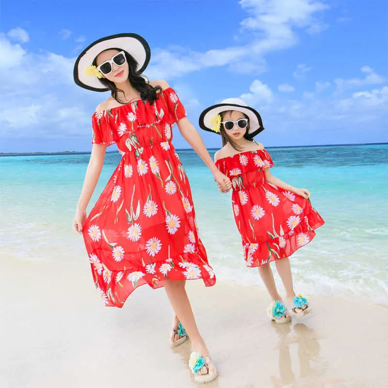 Off-Shoulder Mother Daughter Dress Family Matching Outfits Mommy and Me  Clothes