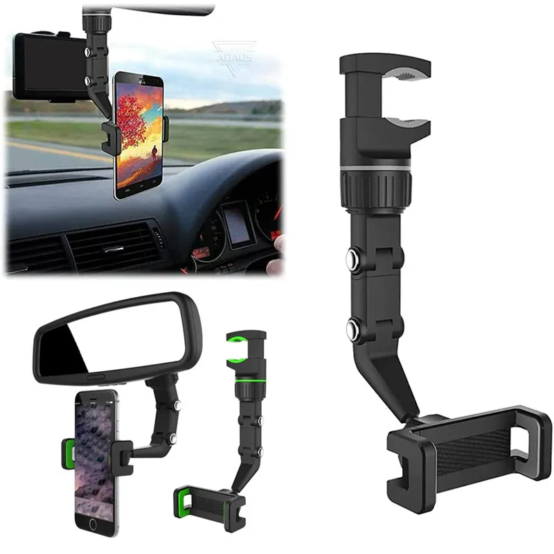 Support de téléphone de voiture Support de téléphone de rétroviseur à 360 degrés Support multifonctionnel Support universel réglable Support rotatif pour téléphone portable