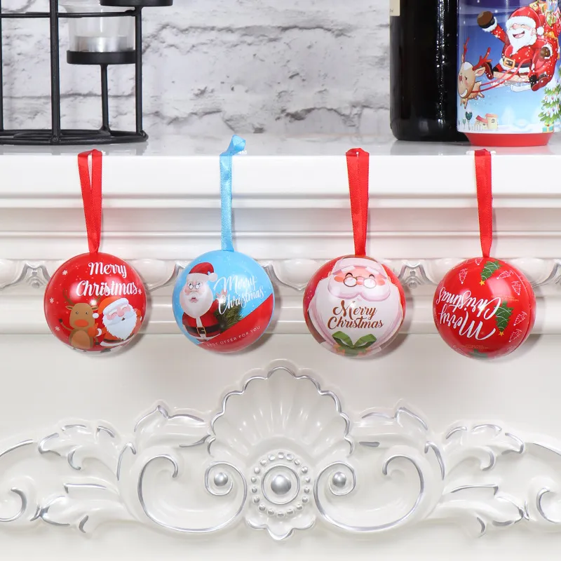 Xmas Dekorationer Santa Claus Tinplate Ball Box Candy Boxes Barn Present Julgran Pendant W-00784