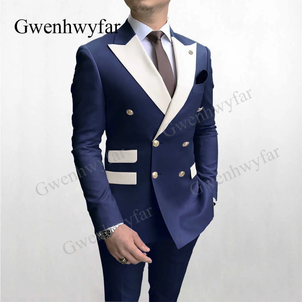 Gwenhwyfar Solid Navy Men Party Tuxedos Suits 2 Stuks Nieuwste Mix Kleur Witte revers Mannen Past Gold Buttons Fashion Style Suits X0909