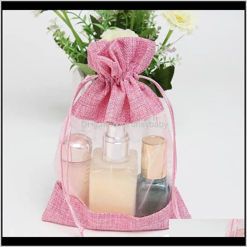 10x14cm two-sided window linen bag jewelry cosmetics bundle mouth storage drawstring bag wedding candy gift pouches 50pc