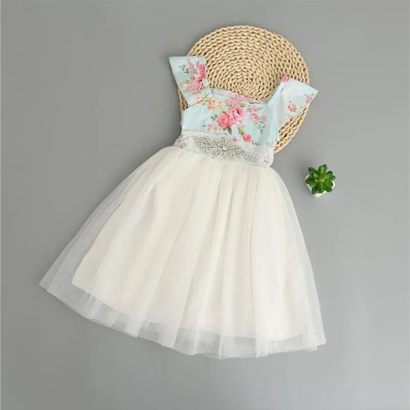 toddler girls flowers puff sleeve tulle dress children korean styles high waist sashes mesh patchwork sundress summer clothing 210529