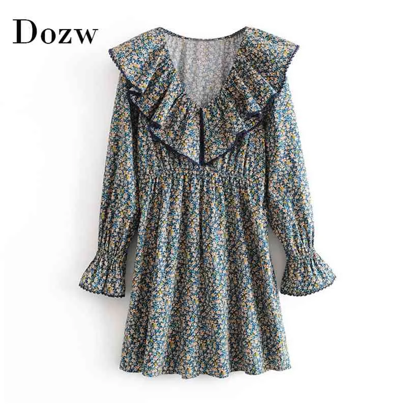 Women A Line Vintage Ruffle Dresses V Neck Floral Print Chic Mini Lace Patchwork Flare Long Sleeve Party 210515
