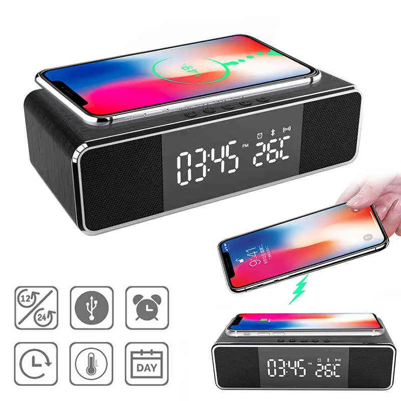FM Radio Bluetooth Speaker Alarm Clock Temperature Time Display With Wireless Mobile Phone Charging LED Electronic Desktop Decor 211111