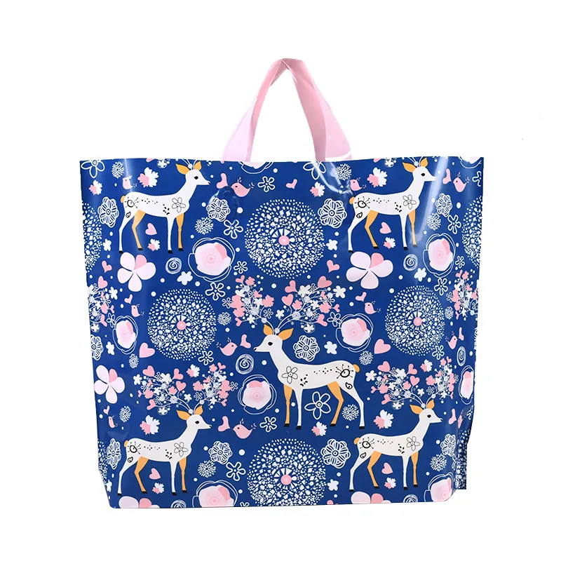 50PC / Pack Custom Printed Logo Eco Portable Packaging Bags Cute Deer Blue Present Plastic Retail Shopping Väskor
