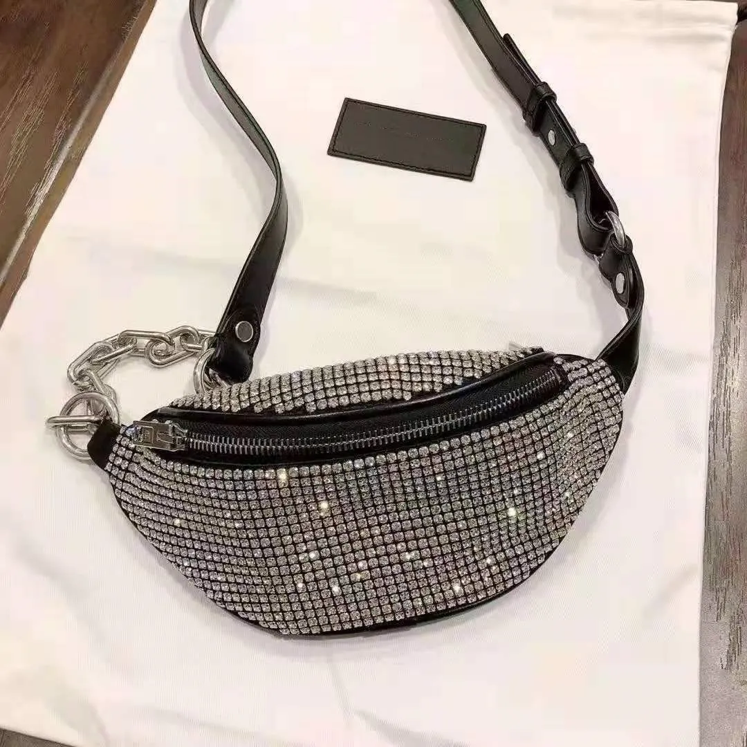 Dam Attica Rhinestone Midjeväskor Mini Fanny Pack Blixtlåsfack Designer Dam Justerbar Cykelkedja Rem Väska