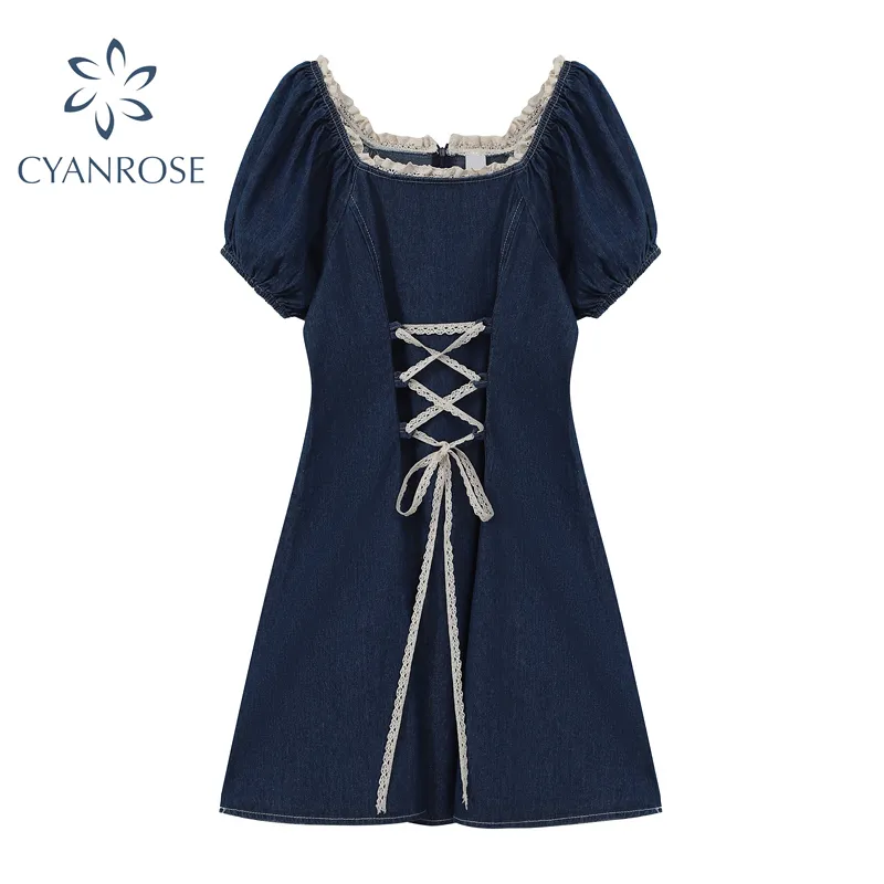 Blue Crop Denim Dress Women Short Sleeve High Waist Drawstring Lace-up Mori Girl Jean Frocks Ruffle Retro Summer Y2K Vestidos 210417