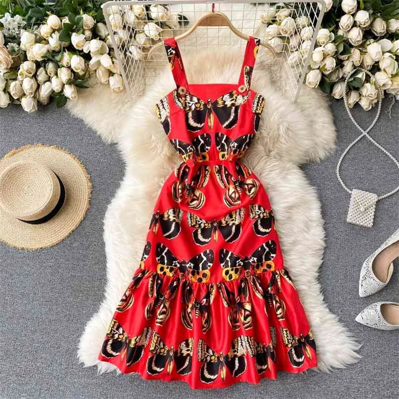 Fashion Spring Butterfly Printed Waist Thin Midi Vestidos Women's Ruffled Square Neck Sling Dress C381 210506