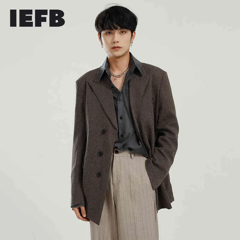 IEFB Männer Kleidung Zurück Button Vent Blazer Frühling Koreanische Lose Vintage Gitter Design Einreiher Casual Anzug Mantel 210524