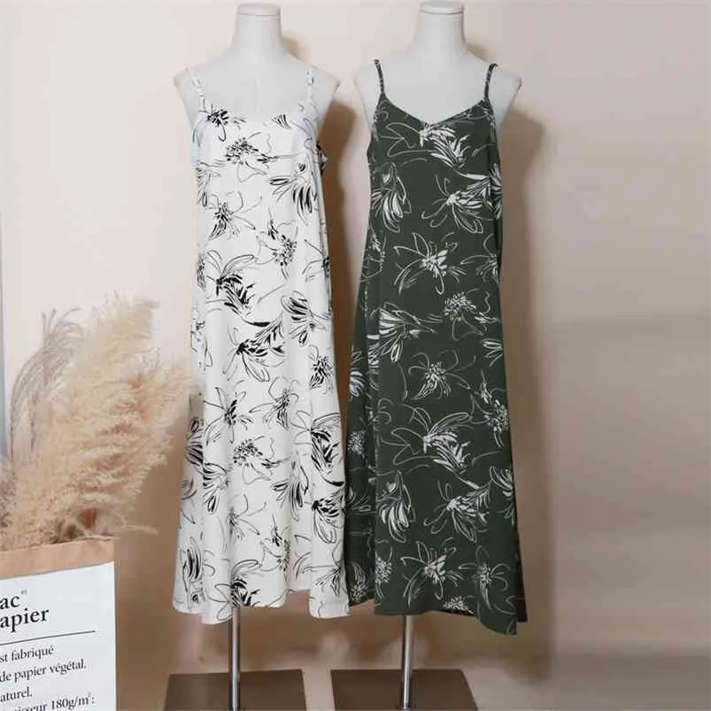 Summer Plain Leaf Printing Camisole Dress Woman Sundress Casual Ladies Midi 210421