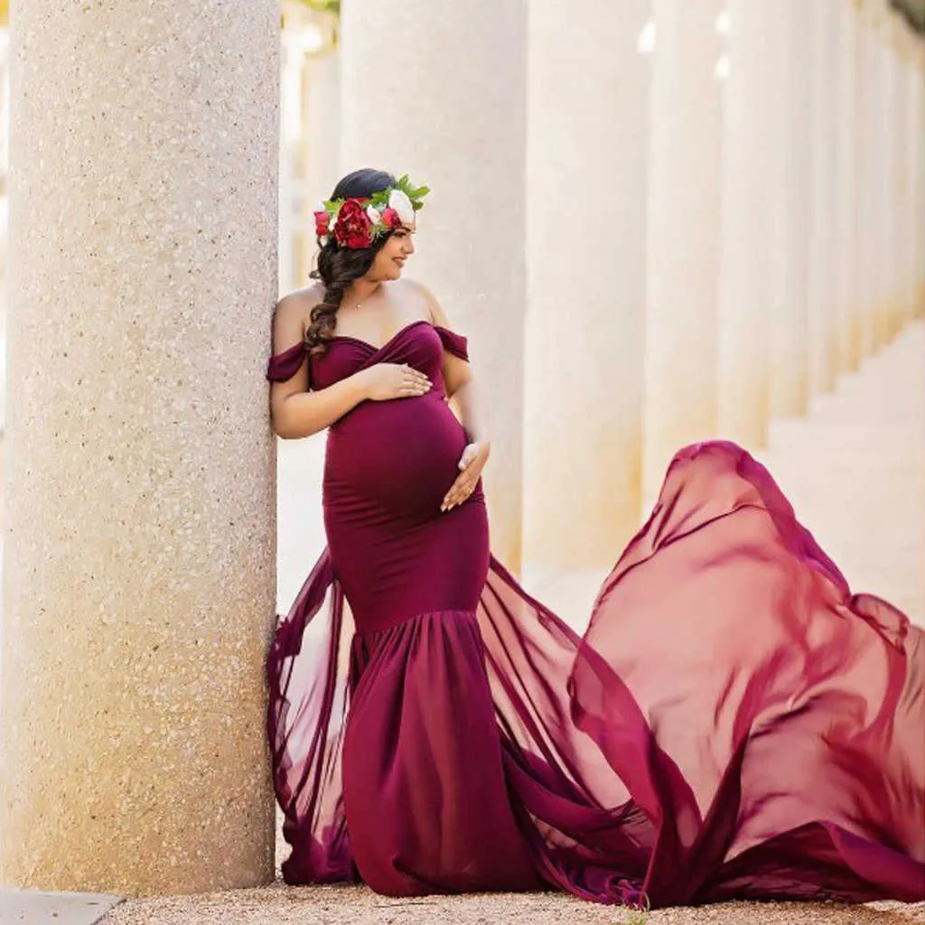 Nowy fotografia ciążowa rekwizyty sukienka ciążowa do fotografowania fotografowania Off Ramię Ciężarowe Suknie dla kobiet Maxi Maternity Gown Q0713