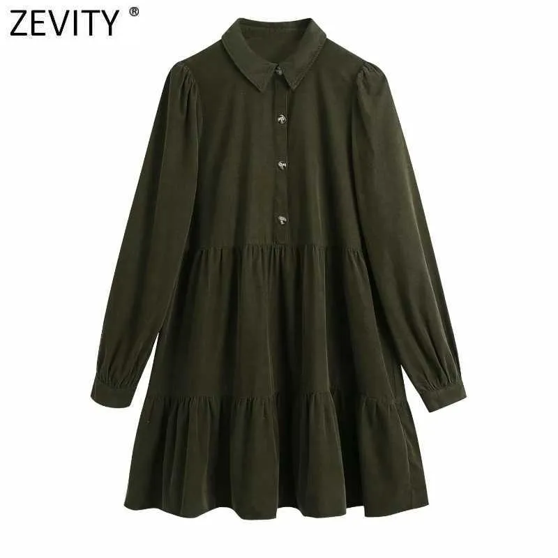 Zevity kobiety skręć przyciski kołnierzowe sztruks proste sukienka preria elegancka rękaw puffowy Vestido plisy mini sukienka DS4940 210603