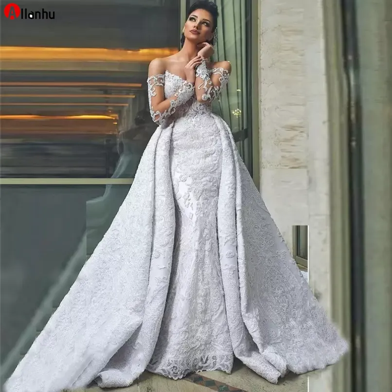 2022 elegantes vestidos de casamento de sereia de renda completa com trem destacável fora do ombro frisado apliqueiro vestido nupcial feito sob encomenda feita robe de mariée 9x1