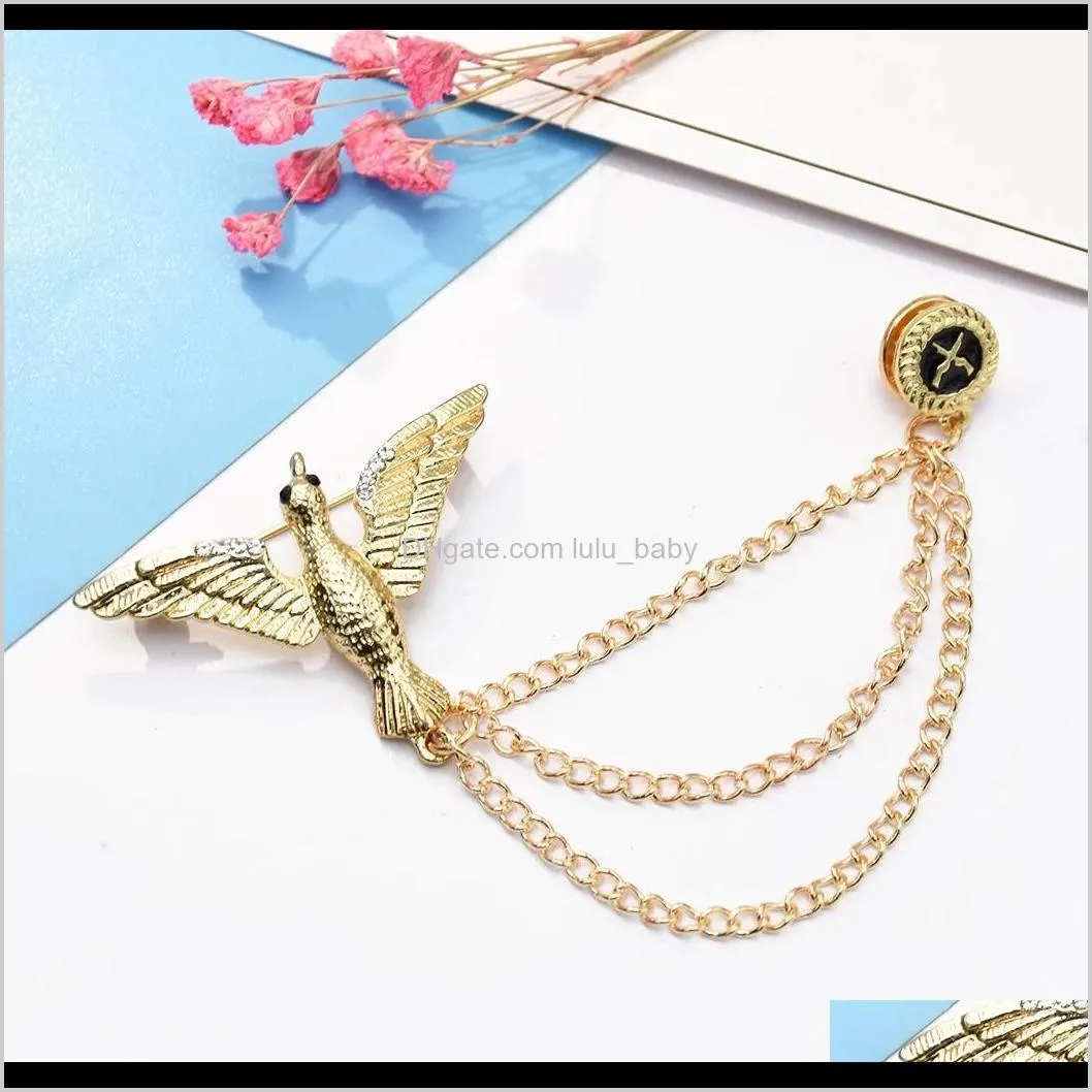 gold silver alloy bird brooches coat pins collar chain women men suit dress accessories party jewelry