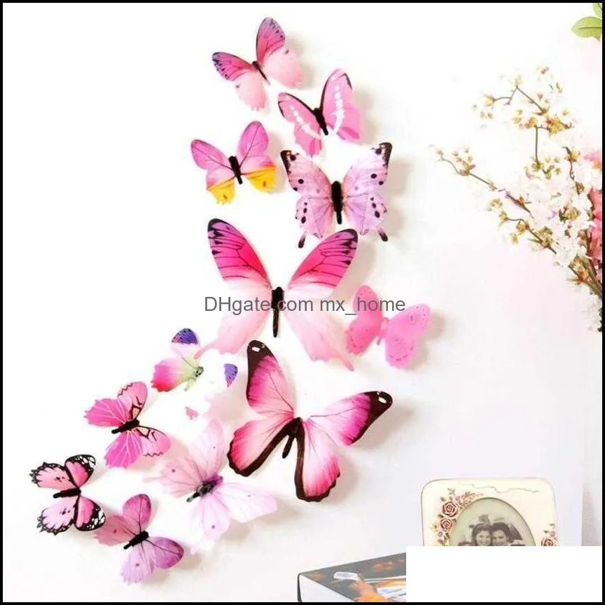 Wall Stickers Qualified 12pcs Decal Home Decorations 3D Butterfly Rainbow PVC paper for living JDW0