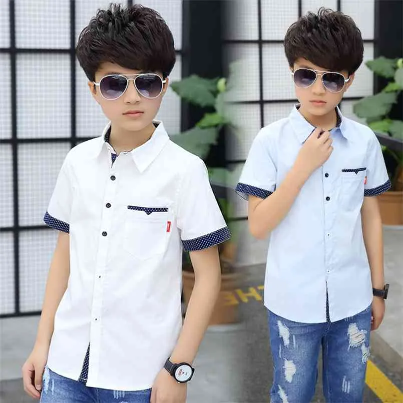 School Boys Shirts Short Sleeve Blouses For Children Clothing Cotton Turn-Down Collar Kids Tops 5 7 9 11 13 15 Years Old 210713