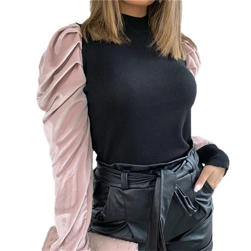 Pink Velvet Long Puff Sleeve Patchwork T Shirt Vintage Black Basic Tshirt Women Winter Casual Round Neck Slim Tee Top 210517