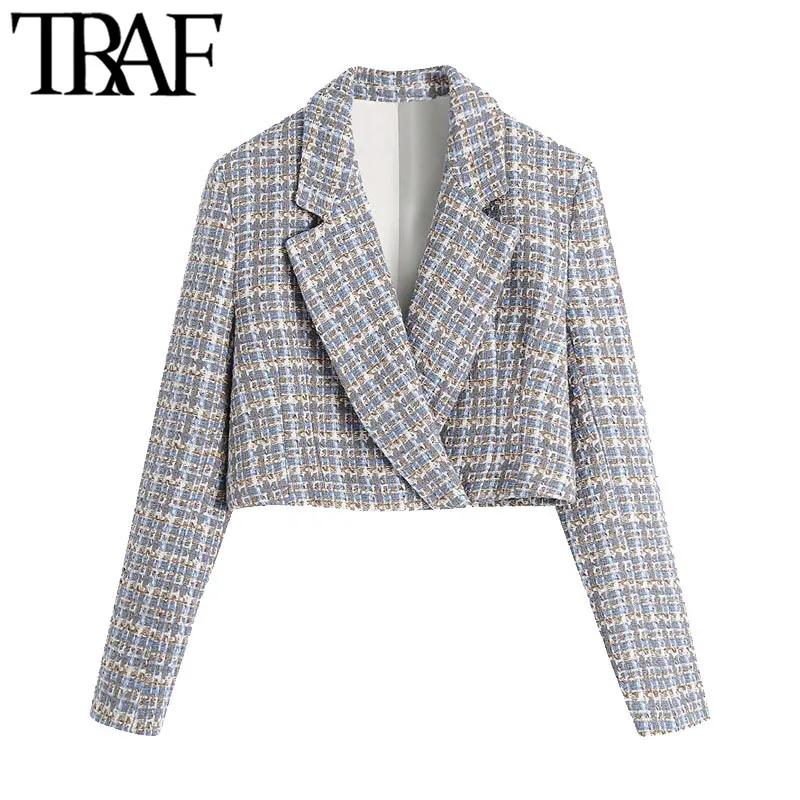 TRAF Femmes Mode Caché Bouton Tweed Recadrée Blazer Manteau Vintage À Manches Longues Femme Survêtement Chic Veste Femme 210415