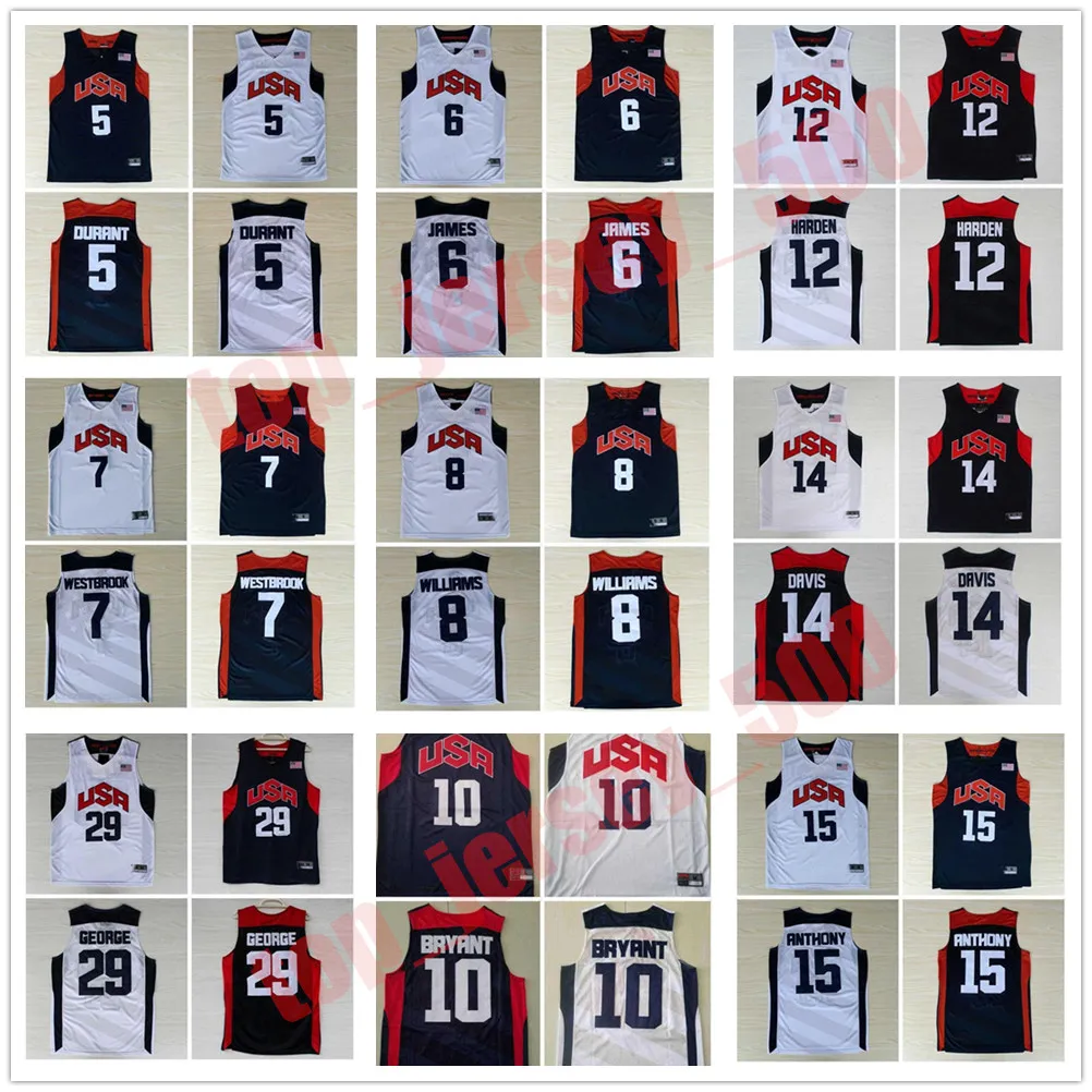Retro Basket 2012 Team USA Jersey Kevin 5 Durant 12 Harden 10 Bryant Russell 7 Westbrook Chris 13 Paul Deron 8 Williams Anthony