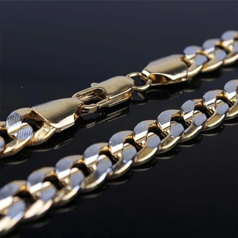 Herr 2 Tone Gul / Vitguld fyllt präglade halsband 23,6" 9 mm Solid Curb Chain GF Jewelry Chains