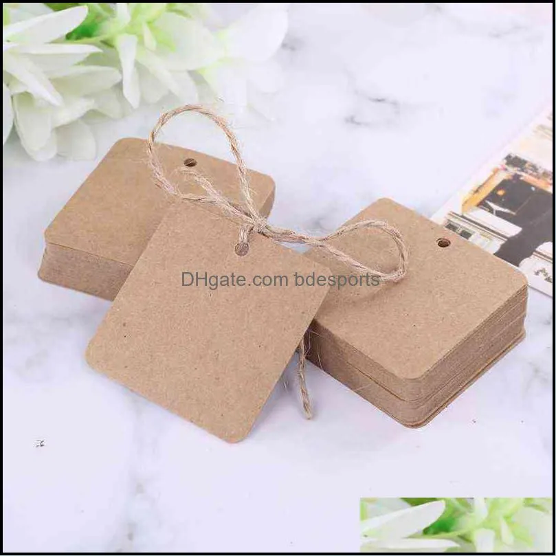 Tarjetas de felicitación Evento Suministros para fiestas Hogar festivo Jardín 100 piezas Cuadrado en blanco Papel Kraft Regalo Etiquetas colgantes Etiqueta de boda Tarjeta de precio Artesanía con