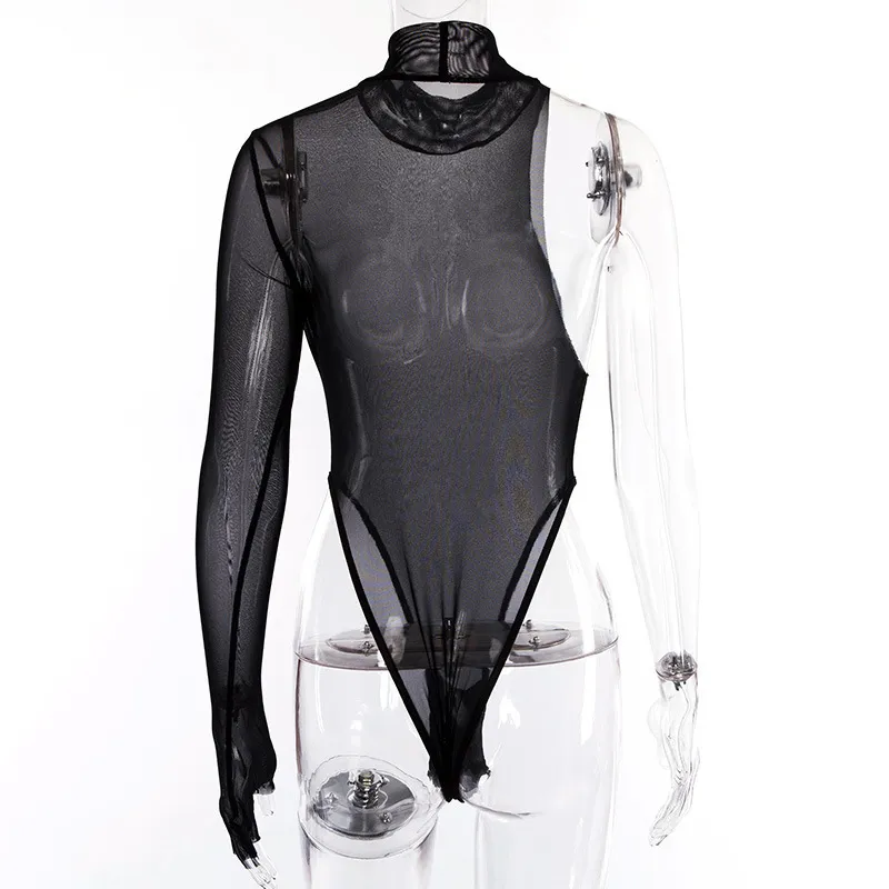 SEBOWEL Women's Black Mesh Bodysuit - Sheer Long Sleeve V Neck Romper, Snap Crotch, Size L - View #10