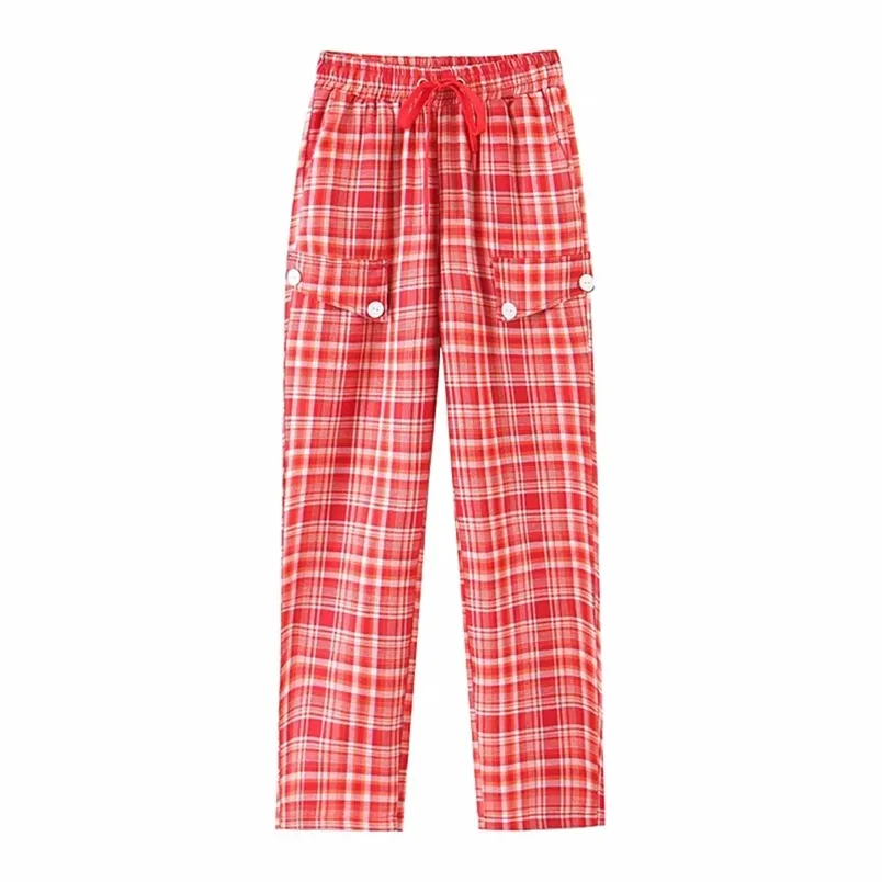 Kvinnor Retro Röd Plaid Suit Pants Casual High Waist All-Match Drawstring Straight Fashion Trousers 210531