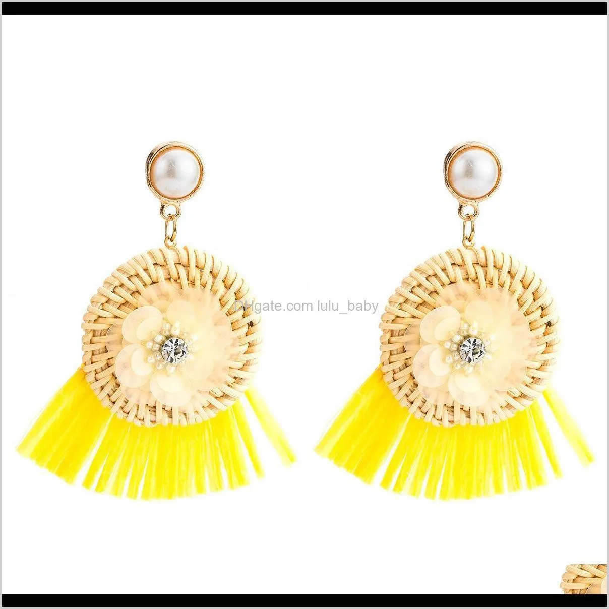 rattan woven sequins with diamond lafite tassel earrings multi-layer exaggerated earring