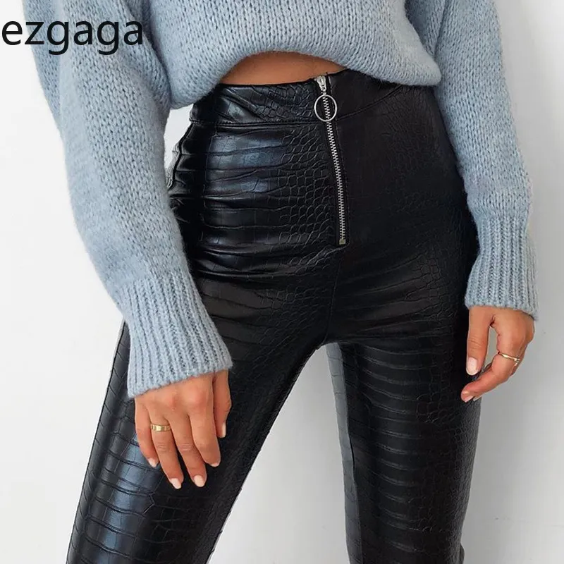 Ezgaga High Waist Pencil Pants Women Casual Crocodile Striped PU Leather Trouser Slim Fashion Zipper Moto&Biker Pants Streetwear 210430