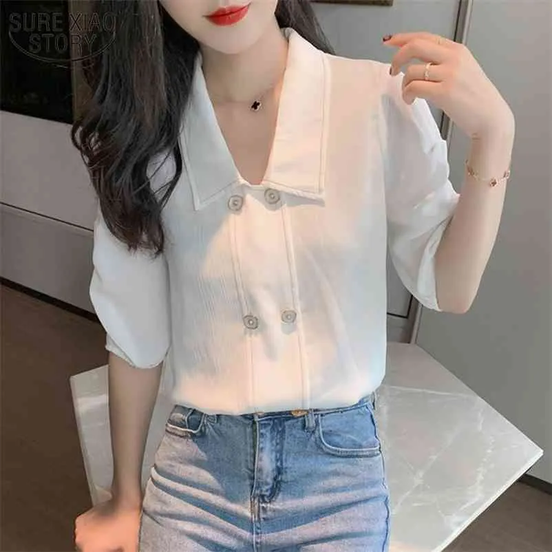 Summer Solid Color Puffed Sleeves Short Sleeve Chiffon Blouse White Tops Simple Elegant OL Chemisier Femme 10290 210508
