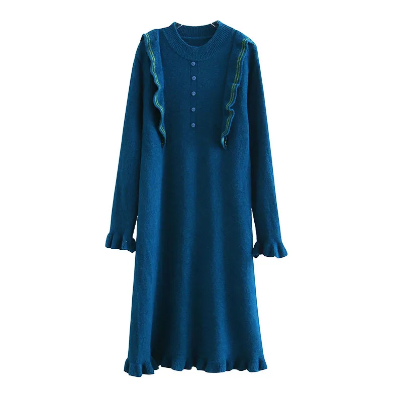 Maglia blu rosa kaki manica lunga con volant colletto alla coreana abito al ginocchio autunno elegante bottone primavera D1456 210514