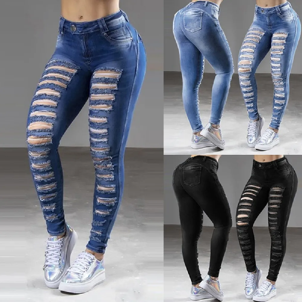 Jeans kvinnor mager smala hög midja stretchy kvinna byxor bodycon streetwear hål tvättade denim blyertsbyxor