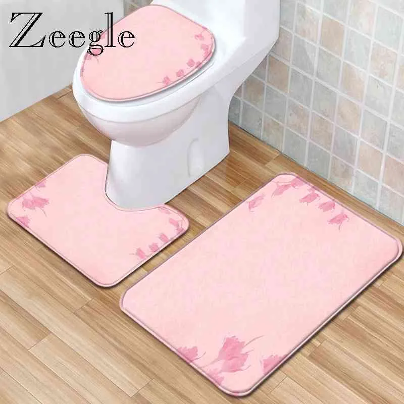 Zeegle Printed Bathroom Mat Bath Mat Set Funny Doormat 3pcs Toilet Rug Set Flannel Floor Mat Washable Toilet Rug Anti-slip Rug
