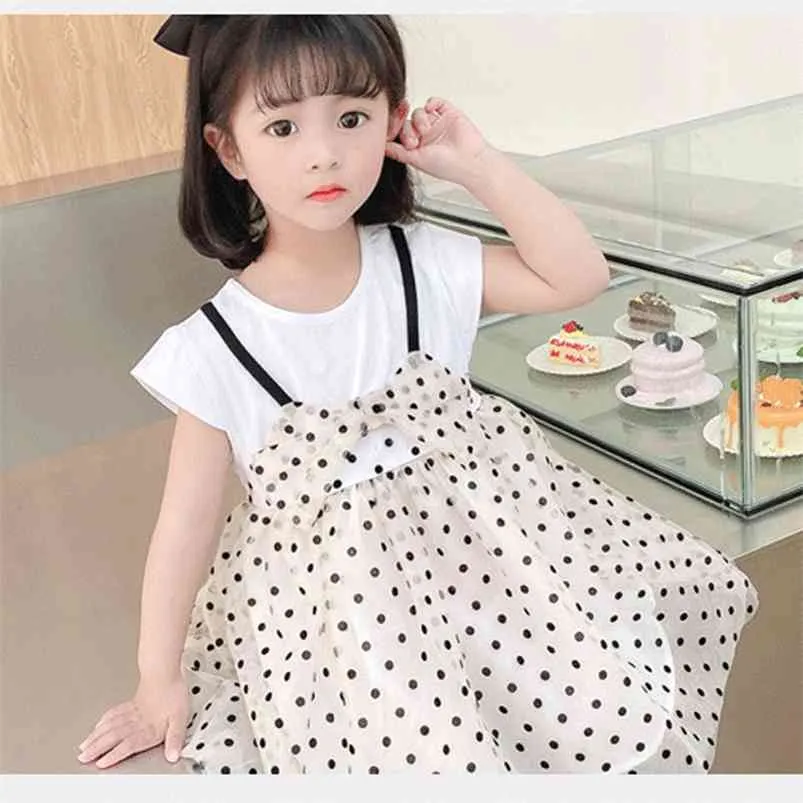 Zomer meisjes jurk nep tweedelige splitsing korte mouwen polka-dot prinses baby kinderen kinderkleding voor meisje 210625