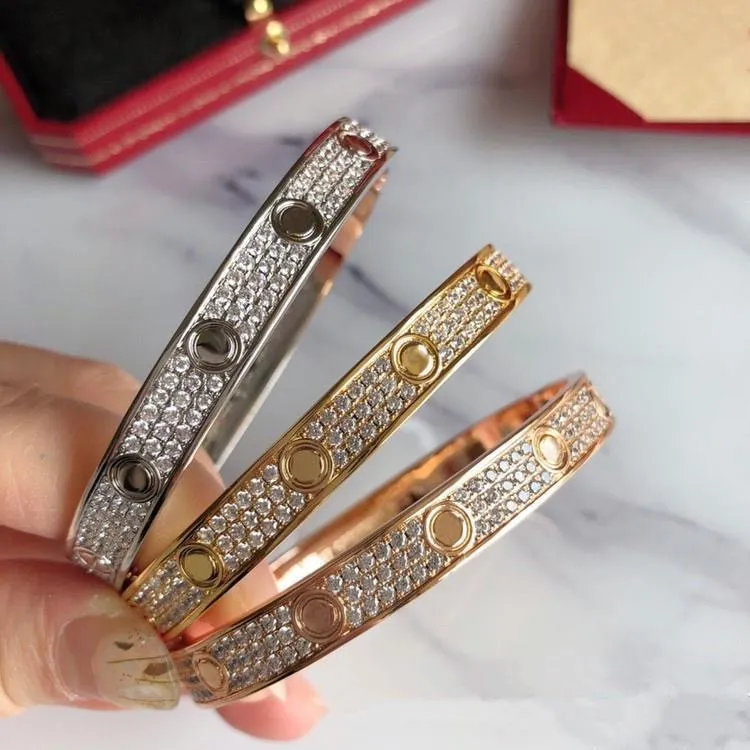 Titanium Bangle Steel 3 Row Full Diamond Bracelet Fashion Women Men Chirstmas Bangle Bracelets Distance Jewelry Gift with velvet bag